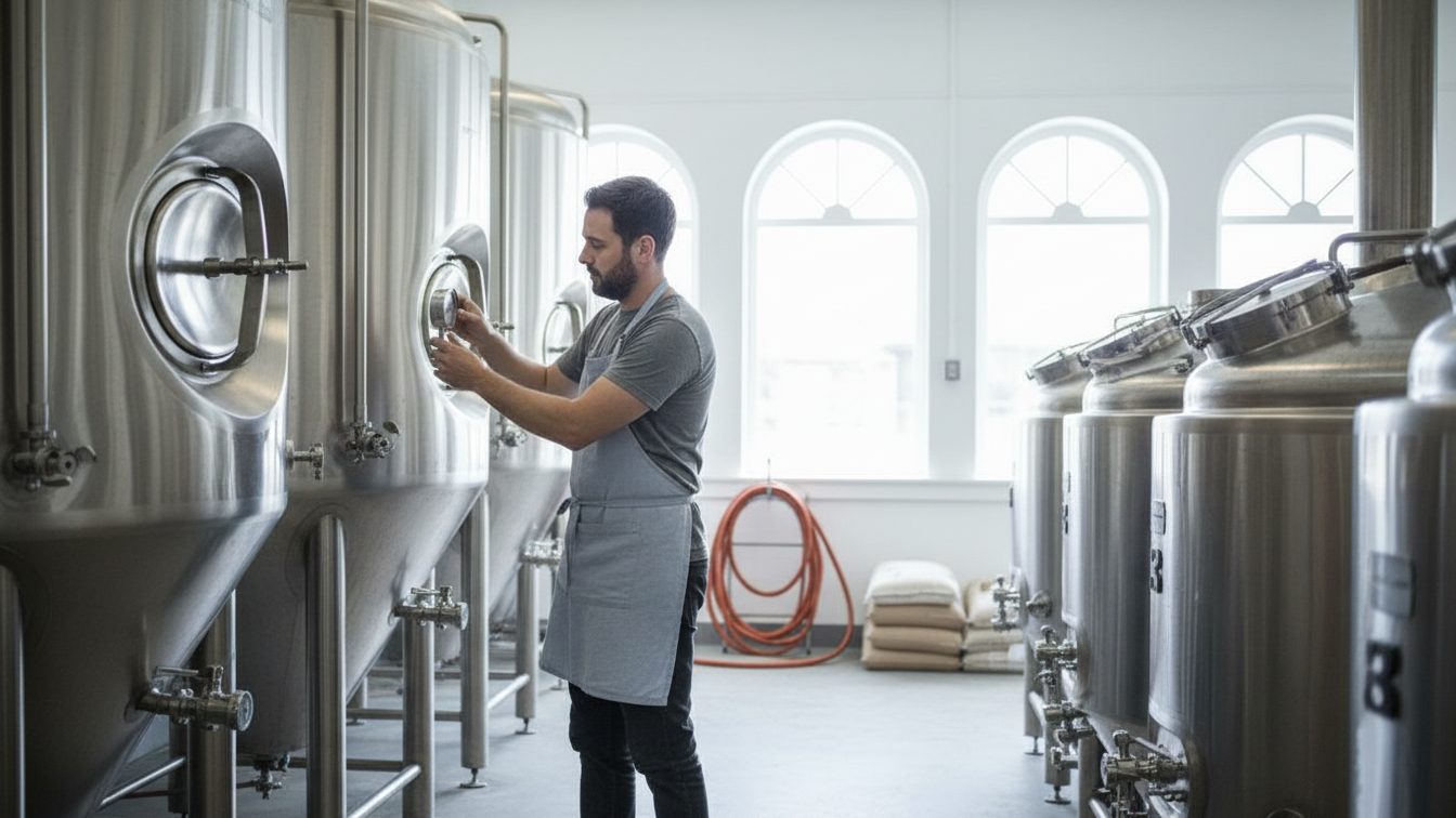 Brewery worker checking tanks in a bright production space