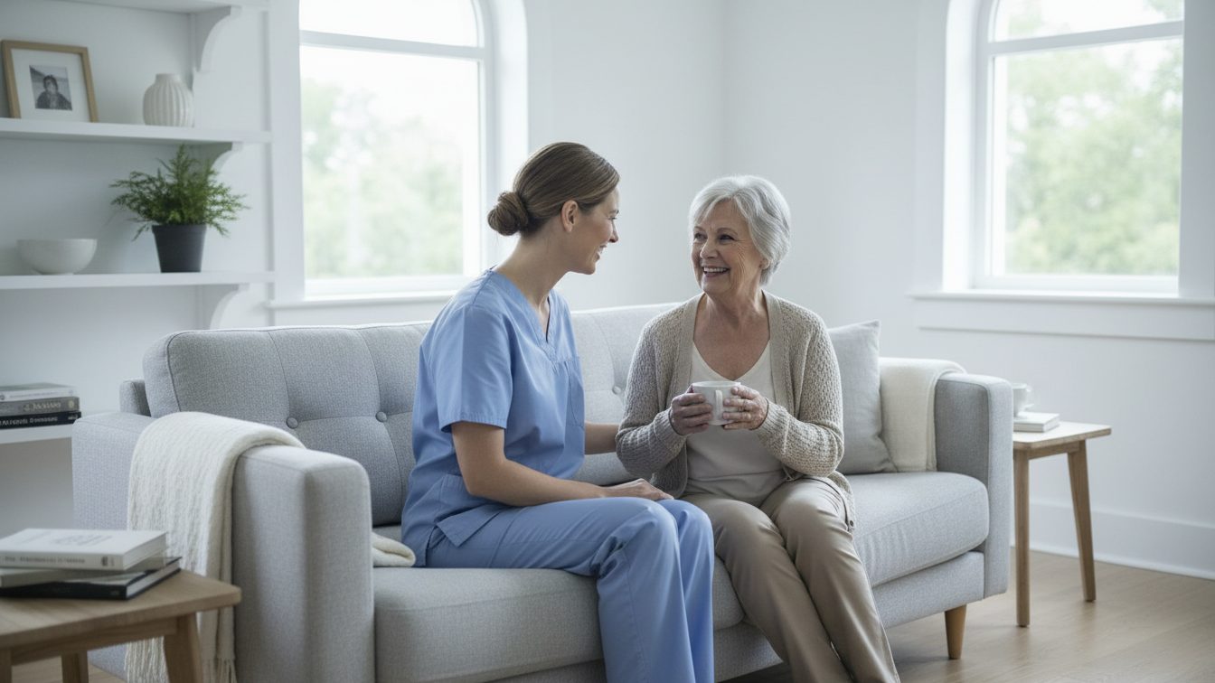 Home-care aide and senior client talking in a bright living room