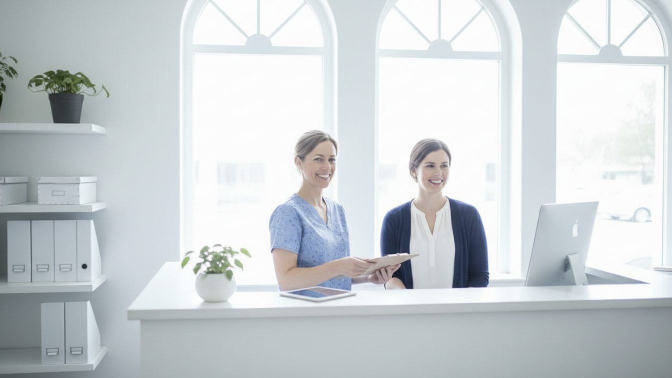 Clinic staff talking at a sunlit reception desk in a small medical practice