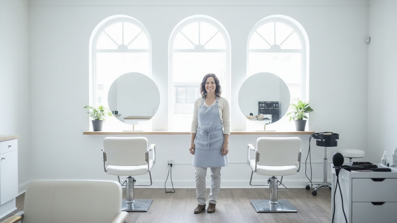 Salon owner standing in her bright, plant-filled salon between client appointments